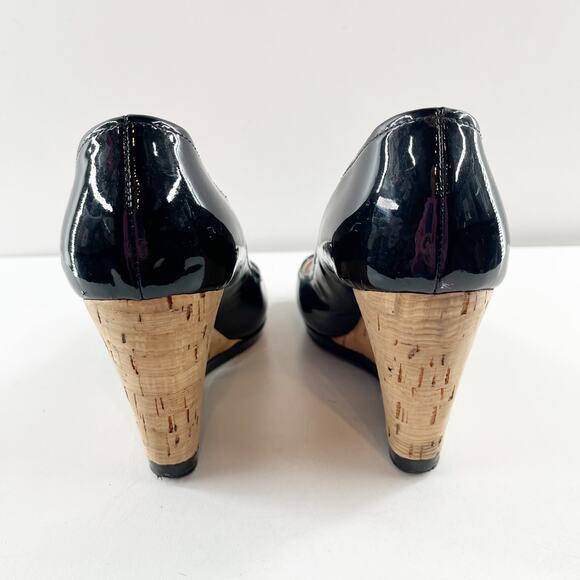 Prada Patent Leather Peep Open Toe Wedge Cork Heels Black 8.5 - Picture 6 of 7